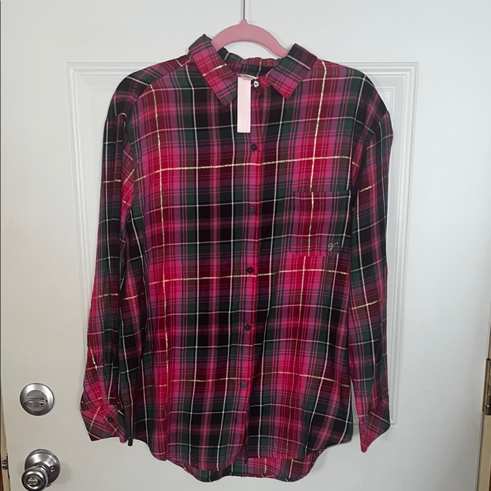 Victoria’s Secret NWT Plaid Button-Up pajama Shirt gold shimmer medium